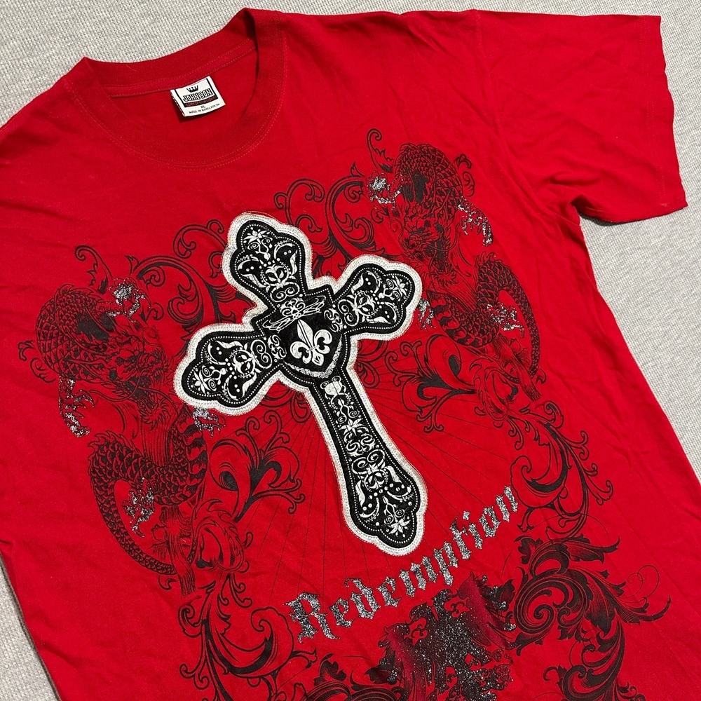 Y2K Redemption Cross Baroque Dragon‎ Graphic Tee Red MMA Biker XL